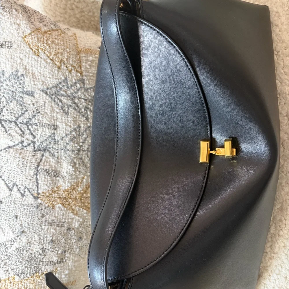 Toteme Black Leather T-Lock Shoulder Bag with Gold Hardware, with top handle